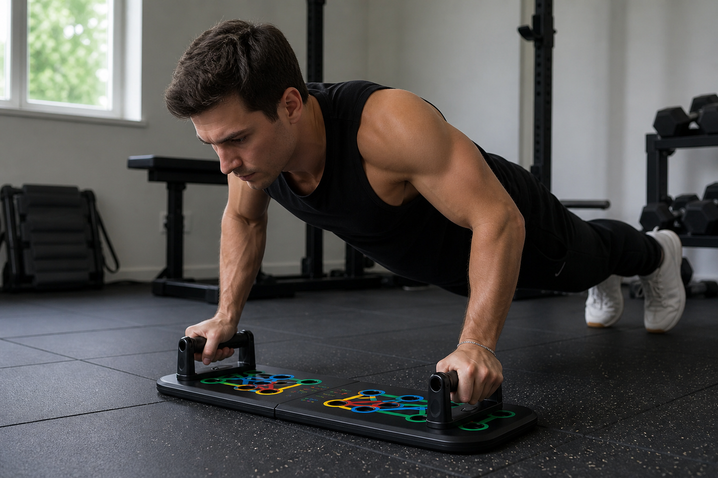 Man performing push-ups on a colorful workout board in a gym setting