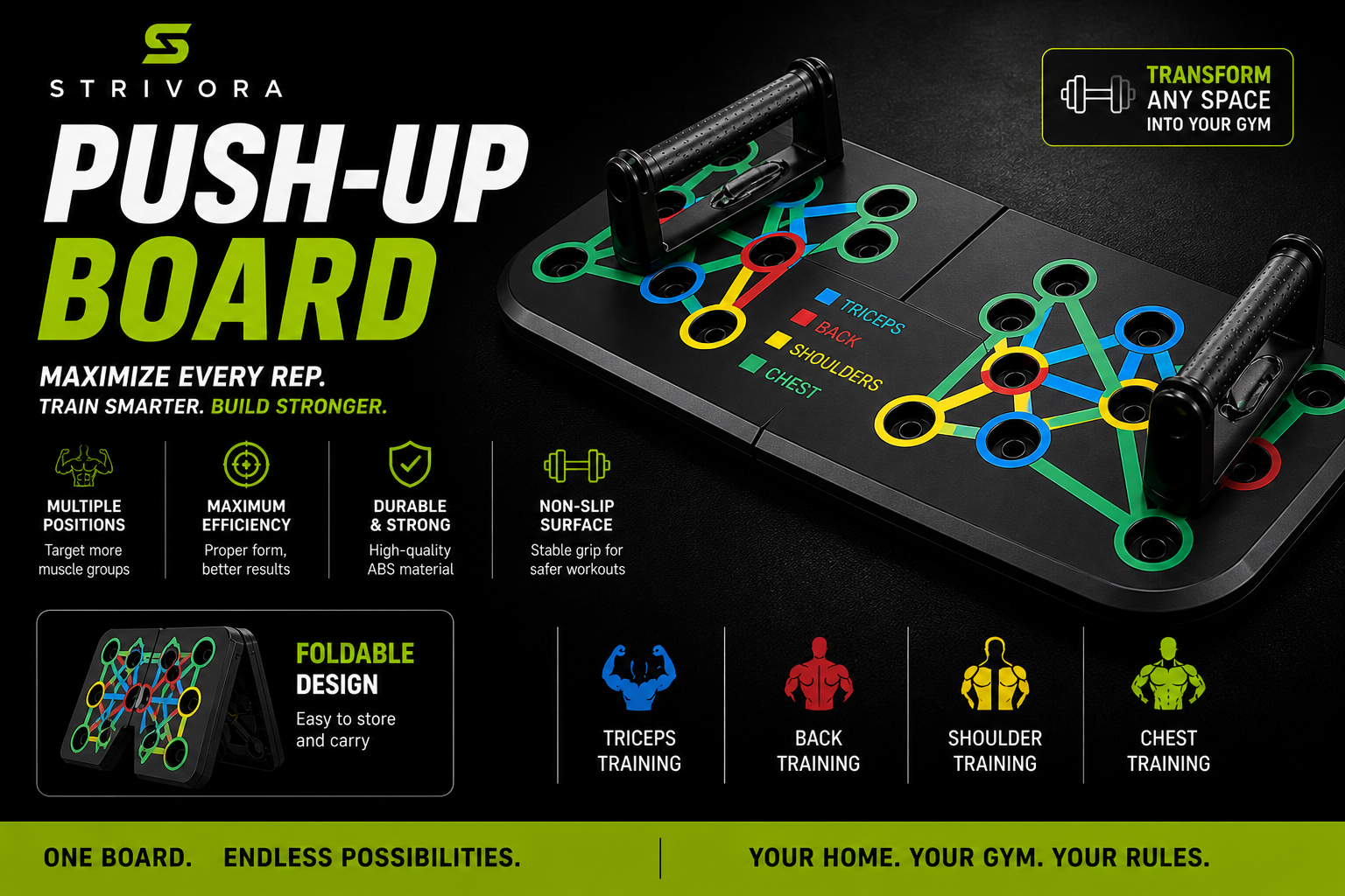 Strivora push-up board with colorful design and text on a black background