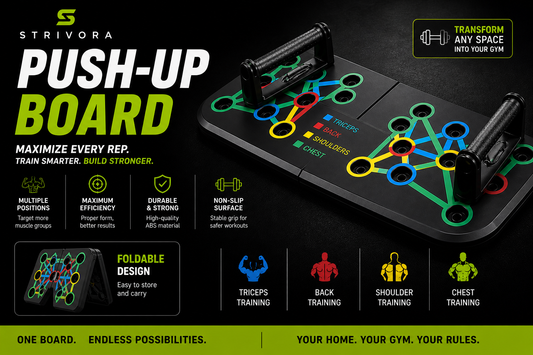 Strivora push-up board with colorful design and text on a black background